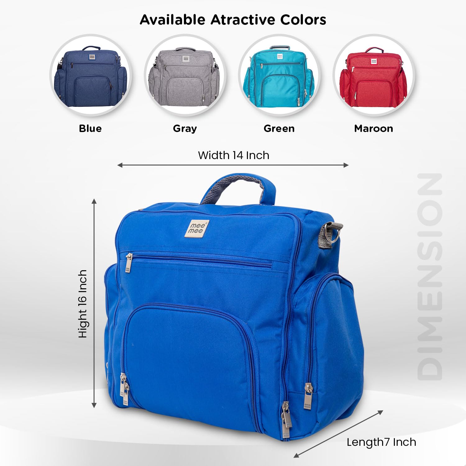 Front view of a blue textured messenger-style diaper bag with various compartments and a Mee Mee brand label. www.usmile.toys